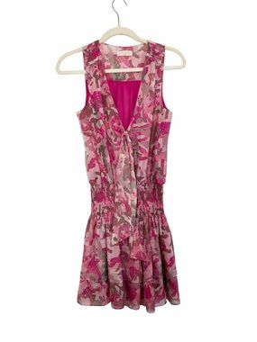 Ramy Brook Silk Pink Abstract Print Smocked Mini Dress XS